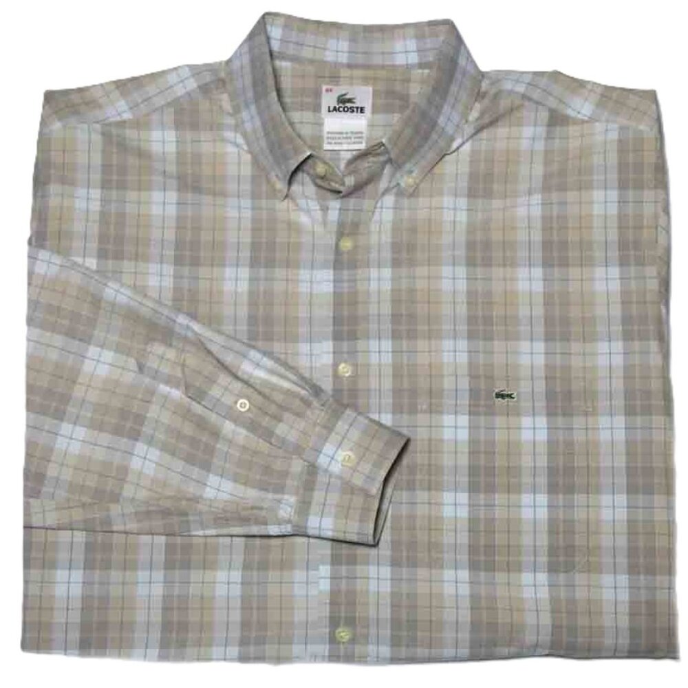 Lacoste Long Sleeve Shirt Button Down Beige Tan Gray Men's Size 44 or XL